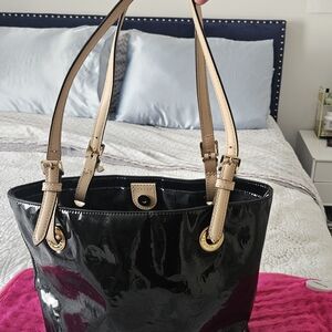 Michael Kors Black Patent Tote with Tan Straps